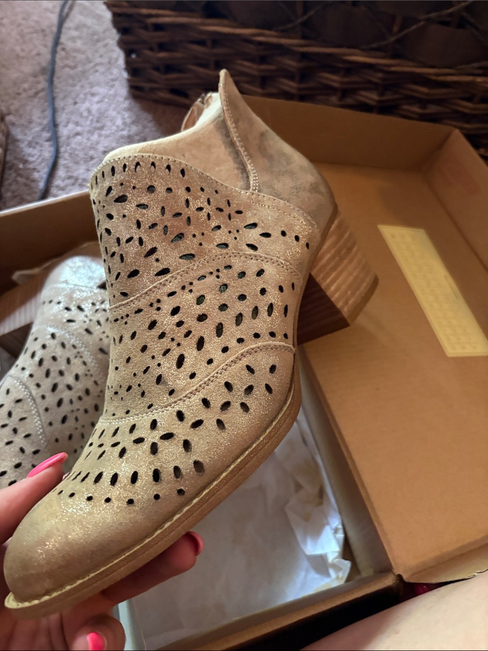 Womens Taupe Perforated Suede Ankle Booties